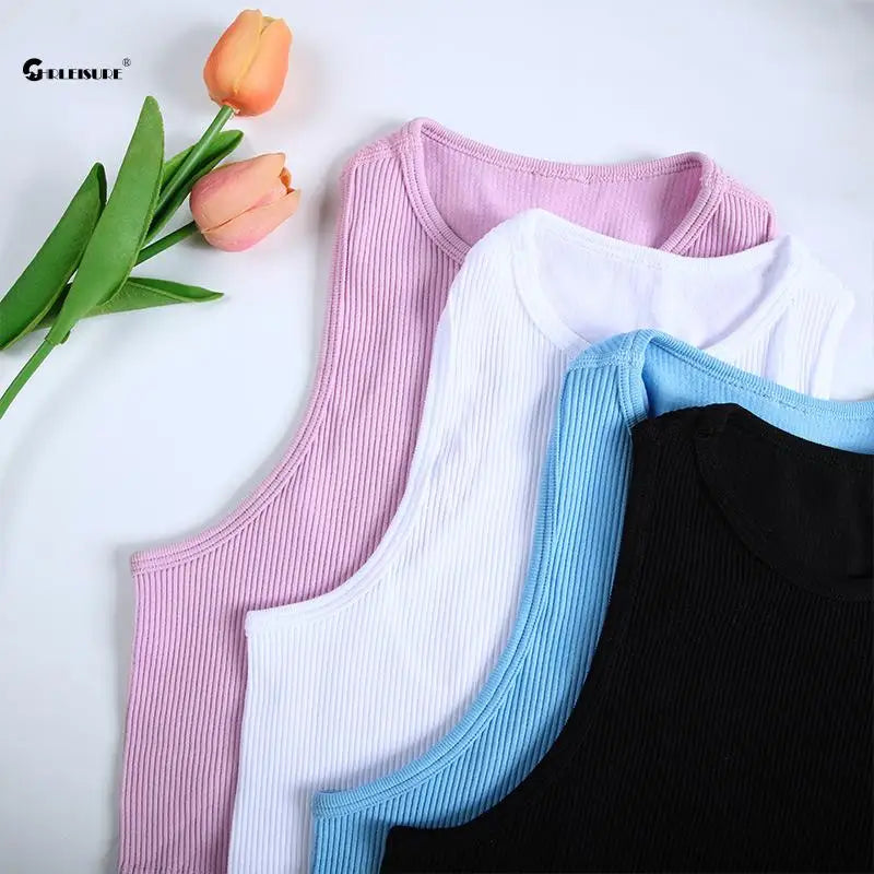 CHRLEISURE Crop Top Women Athletic Sports Tank Seamless Streetwear Elastic Rib-Knit Sleeveless Yoga Vest Tee Stretchy Gym Tight