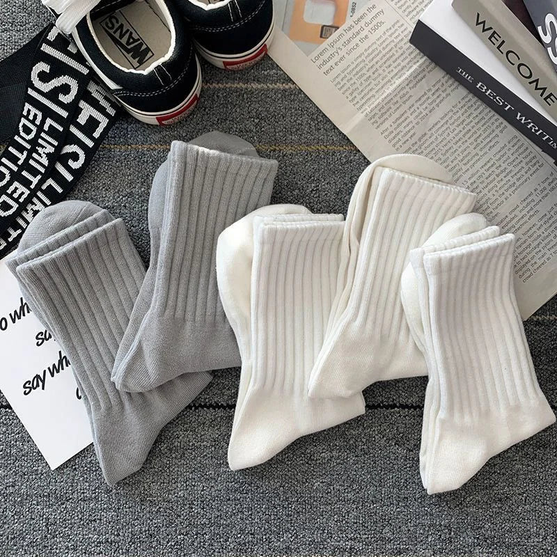 5 pairs of men's autumn and winter soft breathable solid color high elastic waistband casual mid tube socks