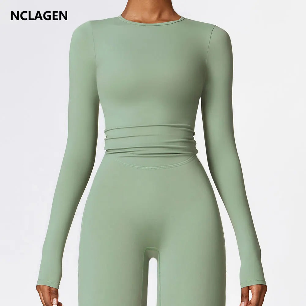 NCLAGEN Yoga Shirts For Women Long Sleeve Winter Fitness Running Gym Clothes Workout Dry Fit Breathable High Elastic Sports Top