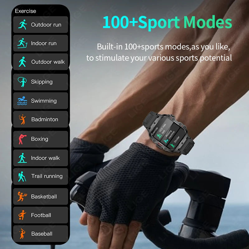 LIGE 2024 Outdoor Military Smartwatch Bluetooth Call Sport Heart Rate