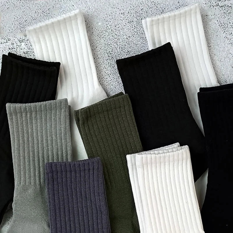 5 pairs of men's autumn and winter soft breathable solid color high elastic waistband casual mid tube socks