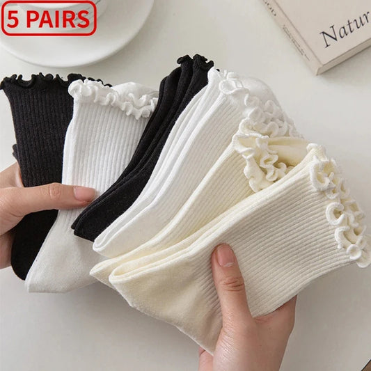 5 pair /Lot Socks for Women Ruffle Cotton Middle Tube Ankle Short Breathable Black White set Spring Autumn