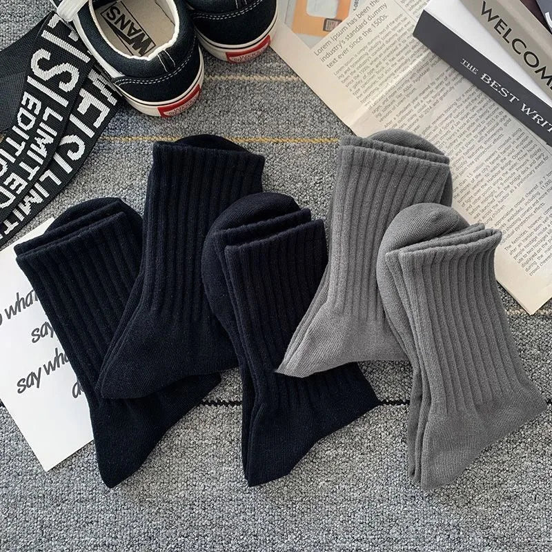 5 pairs of men's autumn and winter soft breathable solid color high elastic waistband casual mid tube socks