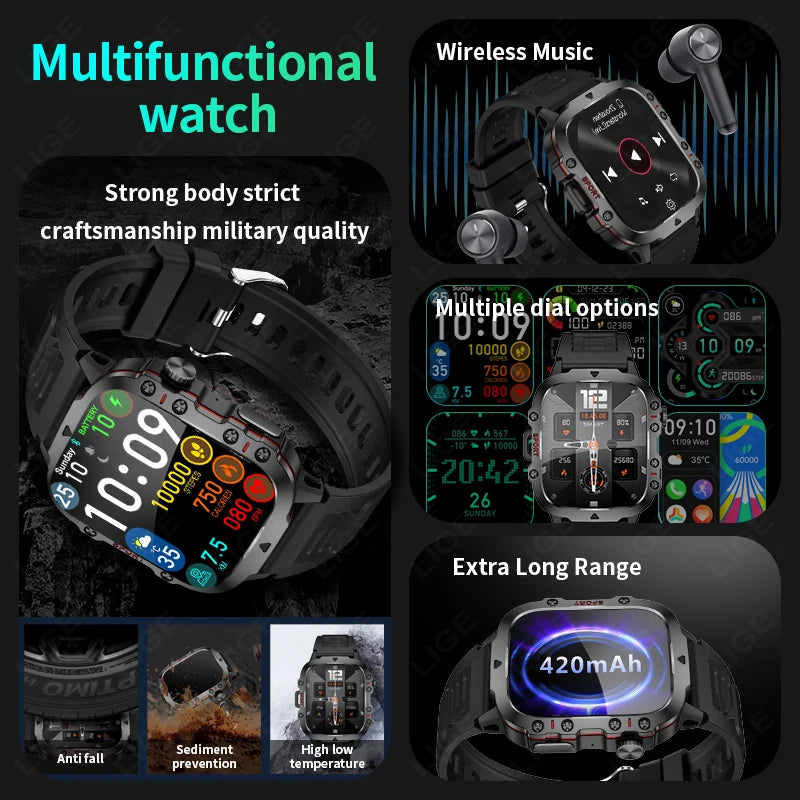 LIGE 2024 Outdoor Military Smartwatch Bluetooth Call Sport Heart Rate