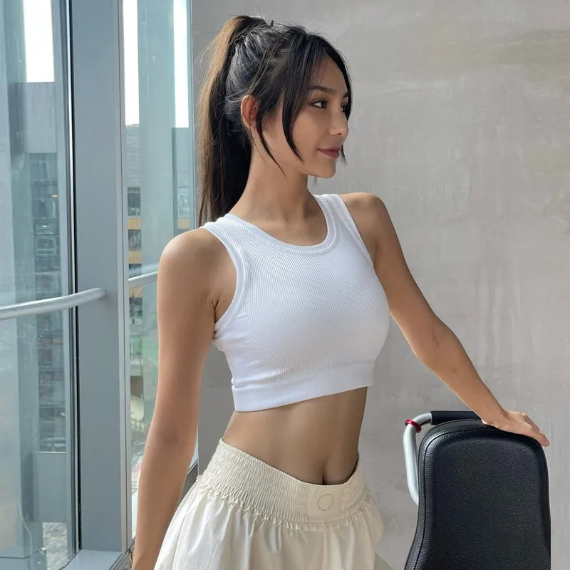 Sexy Women Yoga Gym Sports Vest Fitness Running Crop Top Sleeveless Vest Solid Color Knitted Short Sleeve Gym Yoga Tops Shirt