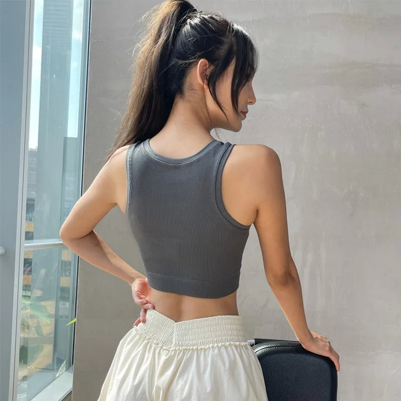 Sexy Women Yoga Gym Sports Vest Fitness Running Crop Top Sleeveless Vest Solid Color Knitted Short Sleeve Gym Yoga Tops Shirt