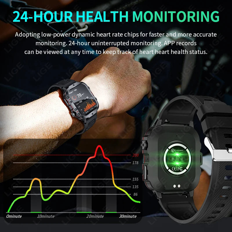 LIGE 2024 Outdoor Military Smartwatch Bluetooth Call Sport Heart Rate